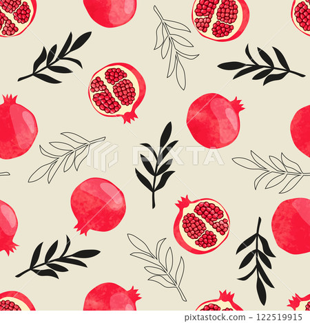 Seamless pomegranate pattern. Vector watercolor illustration with fruits and branches 122519915