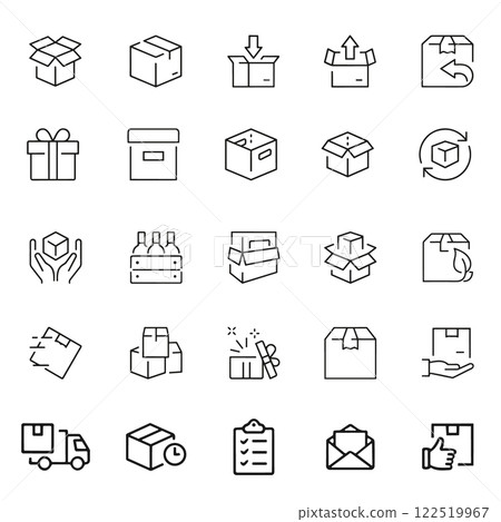 Delivery boxes and package, thin line icon set. Symbol collection in transparent background. Delivery service icon set. Delivery boxes and package, thin line icon set. Symbol collection in transparent background. Delivery service icon set. 122519967