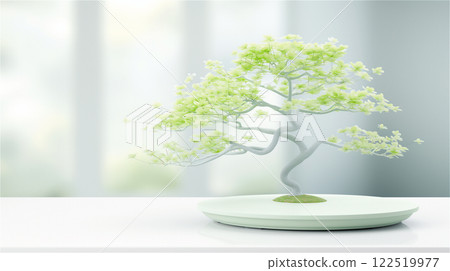 A small bonsai tree is delicately placed atop a white table surface, copy space 122519977
