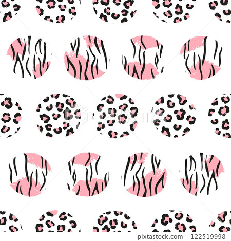 Seamless dotted pattern with pink circles and animal print. Vector abstract background 122519998