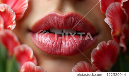 Close up of beautiful and glossy lips with red flowers around, sexy and sensual, with unique details 122520044