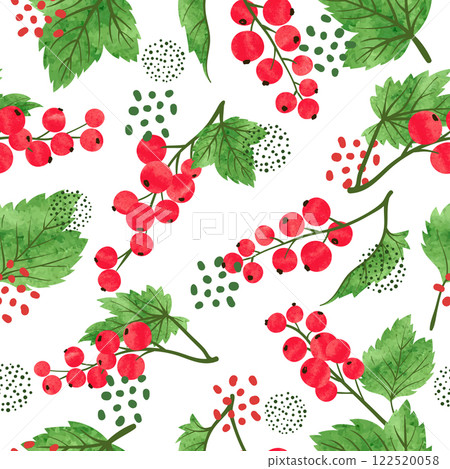Seamless watercolor red currant pattern. Red ripe berries vector background Seamless watercolor red currant pattern. Red ripe berries vector background 122520058