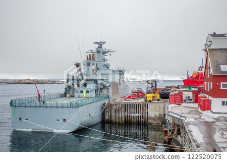 Danish nautical military force patrol war ship, docked at pier in Nuuk city, Greenland Danish nautical military force patrol war ship, docked at pier in Nuuk city, Greenland 122520075