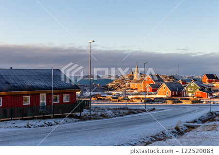 Nuuk city suburb panorama with Inuit houses with sea and the fjord background, Greenland 122520083