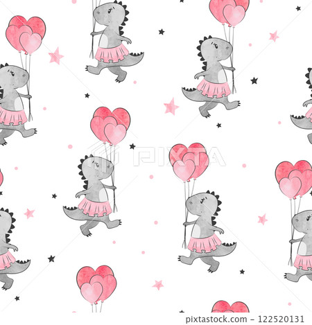Seamless pattern with cartoon dinosaur girl and heart balloons. Dino background 122520131