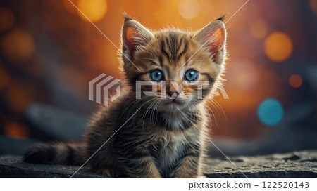 Charming tabby kitten gazing into the camera, set against a dreamy bokeh background with warm, glowing tones. Charming tabby kitten gazing into the camera, set against a dreamy bokeh background with warm, glowing tones. 122520143