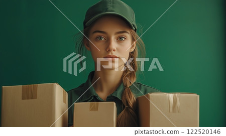 A portrait of a young delivery girl wearing a green uniform and cap, standing with cardboard parcels against a matching green background 122520146