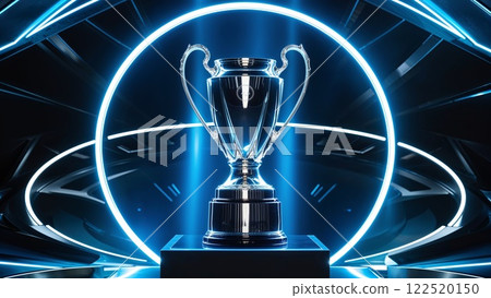 A shiny trophy displayed under vibrant blue lights in a futuristic setting celebrating achievement and excellence in competition 122520150