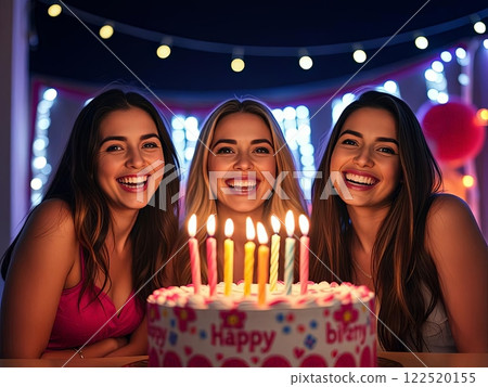 Three Smiling Women Celebrating Birthday with Cake Three Smiling Women Celebrating Birthday with Cake 122520155