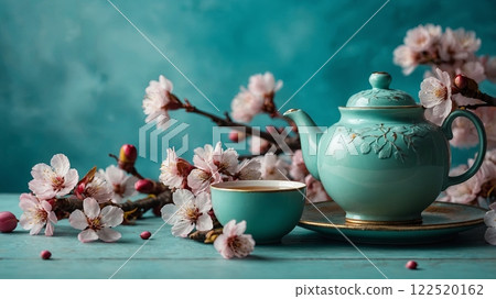 Teal Teapot with Blossoms on Turquoise Background Teal Teapot with Blossoms on Turquoise Background 122520162