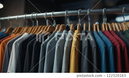 A close-up view of various colorful t-shirts hanging on wooden hangers in a clothing store, showcasing casual fashion options. A close-up view of various colorful t-shirts hanging on wooden hangers in a clothing store, showcasing casual fashion options. 122520163