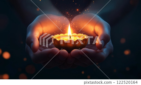 Hands holding a glowing diya lamp, radiating light and devotion in honor of goddess Durga during Navaratri festival. Hindu spirituality concept. Hands holding a glowing diya lamp, radiating light and devotion in honor of goddess Durga during Navaratri festival. Hindu spirituality concept. 122520164