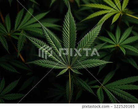 Dark cannabis leaves with illuminated details 122520165