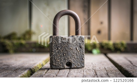 A sturdy padlock is resting on a wellcrafted wooden table surface A sturdy padlock is resting on a wellcrafted wooden table surface 122520166