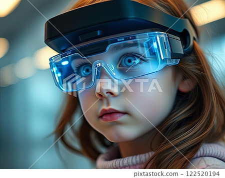 Girl Wearing AR Glasses with Blue Neon Light 122520194