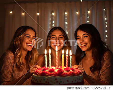 Three Friends Celebrating Birthday at Night 122520195