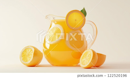 3D lemonade pitcher with fresh lemon slices and ice cubes on a clean white background. Refreshing summer drink and cheerful vibe concept. 122520196