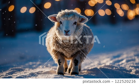 Sheep on snowy street with glowing lights 122520216