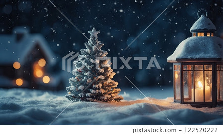 Snow-covered Christmas tree next to a glowing lantern in a winter landscape. Cozy holiday scene with falling snow and lights in the background. 122520222