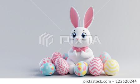 Easter bunny sitting with a basket of colorful painted eggs on a white background. Easter celebration and spring holiday concept. 122520244