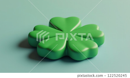 3D icon of a green four-leaf clover on a light green background. Symbol of luck and St. Patricks Day concept. 122520245
