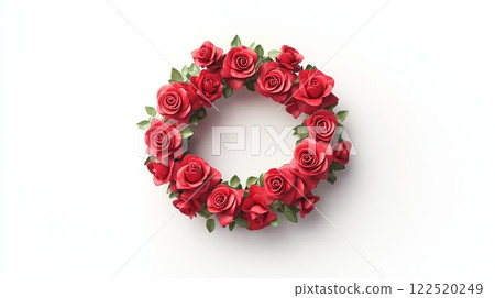 3D wreath of red roses with green leaves on a clean white background. Romantic and festive floral decoration concept. 122520249