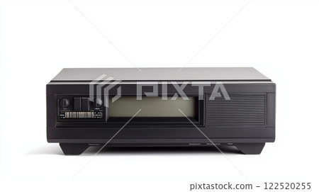 Vintage black CRT television set with control panel and small screen on a white background. Retro and technology concept. Vintage black CRT television set with control panel and small screen on a white background. Retro and technology concept. 122520255