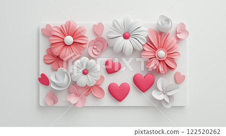 3D Mothers Day card design with pink flowers, hearts, and an elegant envelope on a clean white background 3D Mothers Day card design with pink flowers, hearts, and an elegant envelope on a clean white background 122520262