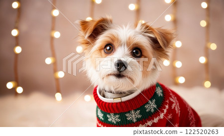 A small dog in a Christmas sweater sits by Christmas lights 122520263