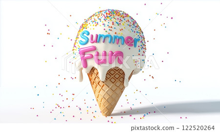 Summer Fun text on an ice cream cone with colorful sprinkles and candy stars. Joyful and playful summer treat concept Summer Fun text on an ice cream cone with colorful sprinkles and candy stars. Joyful and playful summer treat concept 122520264