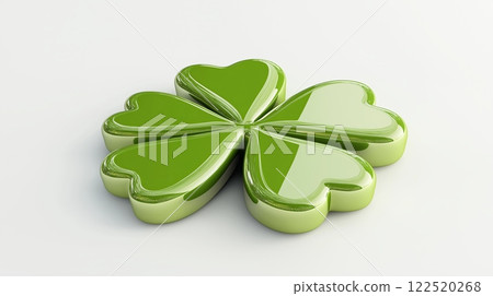 3D clover leaf with vibrant green tones on a clean white background. Symbol of luck and Irish culture concept. 122520268