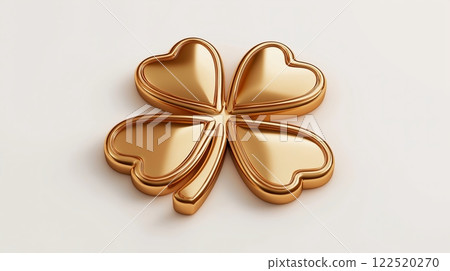 3D golden cloverleaf with heart-shaped leaves on a clean white background. Luck and prosperity concept. 3D golden cloverleaf with heart-shaped leaves on a clean white background. Luck and prosperity concept. 122520270
