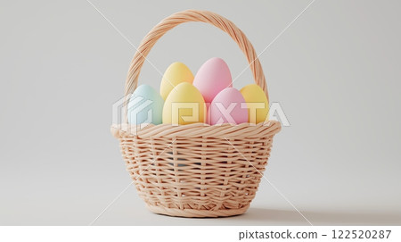 wicker basket filled with colorful Easter eggs on a neutral background. Holiday and decoration concept. wicker basket filled with colorful Easter eggs on a neutral background. Holiday and decoration concept. 122520287