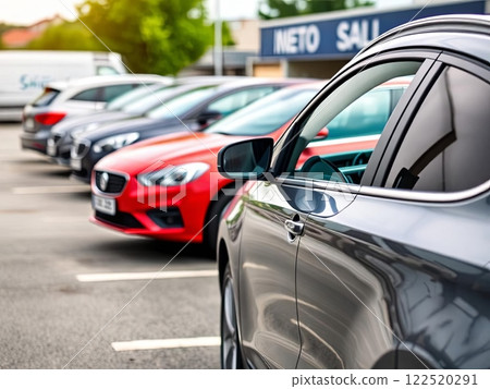 Various cars are parked neatly in front of a store 122520291