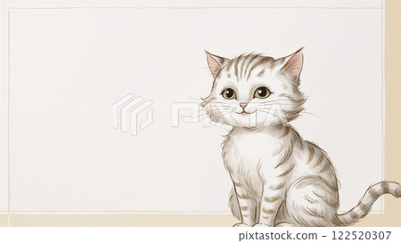 A cute gray tabby cat sitting and looking curiously to the side in a cozy illustrated environment A cute gray tabby cat sitting and looking curiously to the side in a cozy illustrated environment 122520307