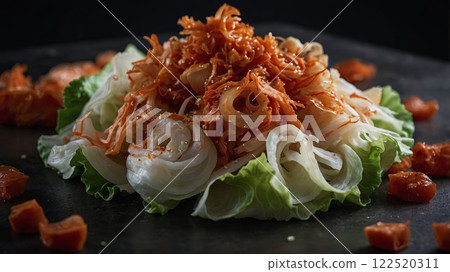 Fresh salad with shredded vegetables, garnished with crispy toppings and vibrant colors on a dark background for a culinary presentation 122520311