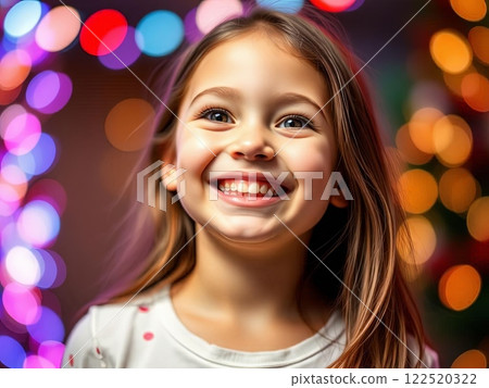 Happy Girl Smiling with Colorful Lights in the Background Happy Girl Smiling with Colorful Lights in the Background 122520322