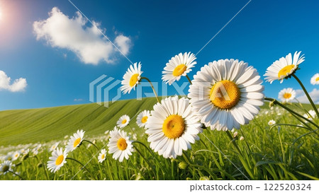 A Beautiful and Lush Field of Daisies Meticulously Blooming Under a Clear, Bright Blue Sky A Beautiful and Lush Field of Daisies Meticulously Blooming Under a Clear, Bright Blue Sky 122520324