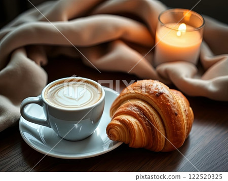 On the table, there is a warm cup of coffee and a delicious croissant 122520325