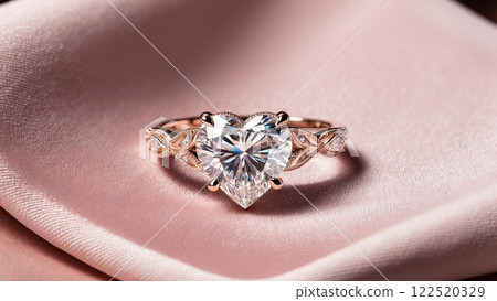 An Exquisite and Elegant HeartShaped Diamond Ring Displayed on Luxurious Silk Fabric 122520329