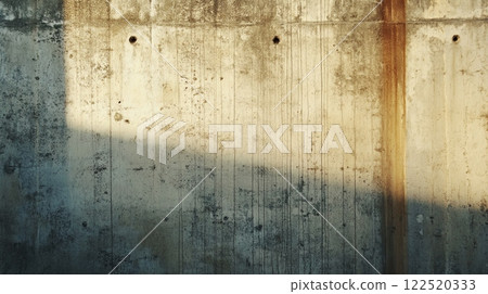 A concrete wall displays an array of natural textures and intricate light patterns, creating a striking visual in an urban environment during dusk 122520333
