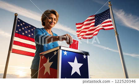 A woman casting her vote in front of American flags during a bright day, celebrating civic engagement in a democratic process 122520346