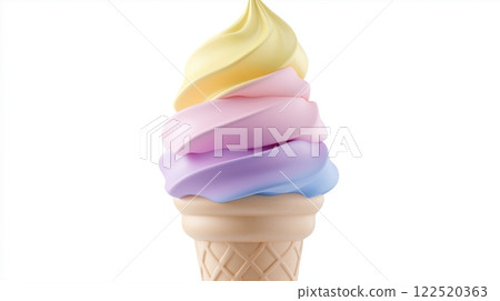 ice cream cone with soft swirls in shades of pink, yellow, and blue. Summer and dessert concept. 122520363