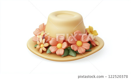 3D gardening hat decorated with fresh flowers on a clean white background. Springtime gardening and seasonal joy concept. 122520378