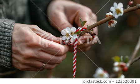 hands tying a Martisor decoration to a blooming tree branch, symbolizing Moldovan spring traditions and renewal. 122520391
