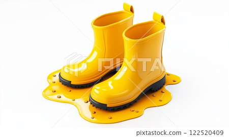 3D pair of yellow rain boots with puddles of water on a clean white background. Spring rain and outdoor activity concept. 122520409