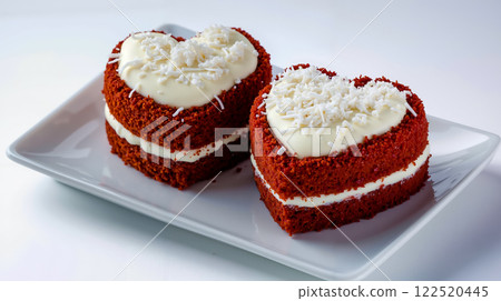 Two heart shaped red velvet cakes on a white plate 122520445