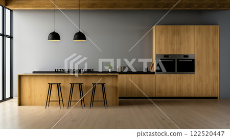 A modern kitchen with wooden cabinets and black counter tops 122520447