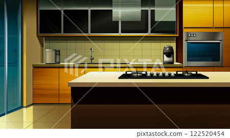 A kitchen with a stove top oven and a sink 122520454