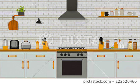 A kitchen with a stove top oven and white cabinets 122520460